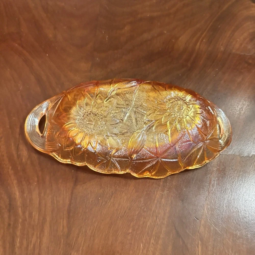 Vintage Indiana Carnival Glass Marigold Relish Dish Iridescent‎ Floral Handled